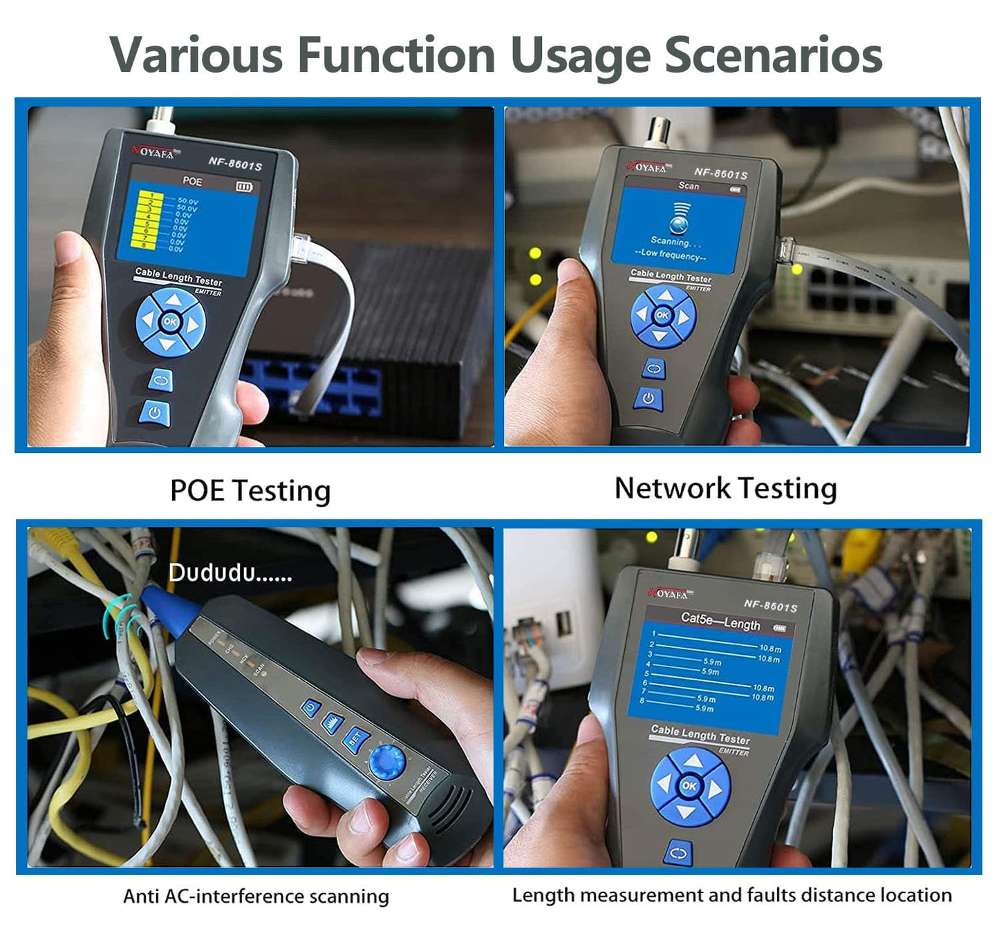 Noyafa NF-8601S Comprehensive Network Cable Tracer Tester Using TDR & with PoE / Ping for RJ45, RJ11, BNC, Metal Cables