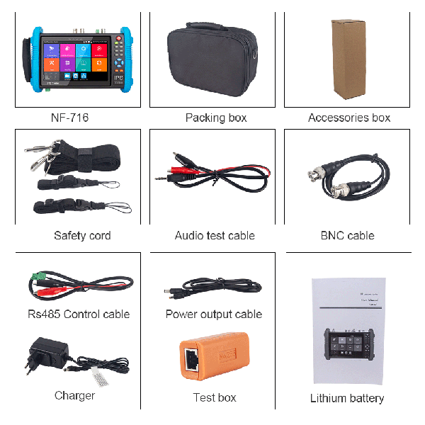 the package listing of NF-716 CCTV camera tester
