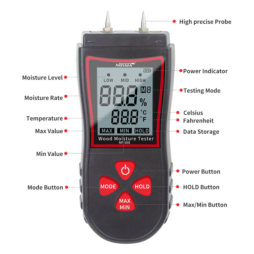 Noyafa NF-568 Wood Moisture Tester with Dual High-Precision Pins for Accurate Reading of Wood or Building Materials Moisture Content