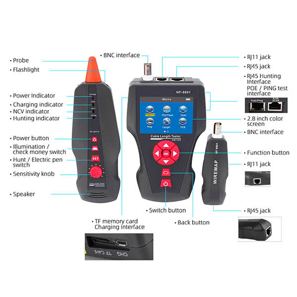 all features of Noyafa NF-8601 All-in-One Network Cable Tester