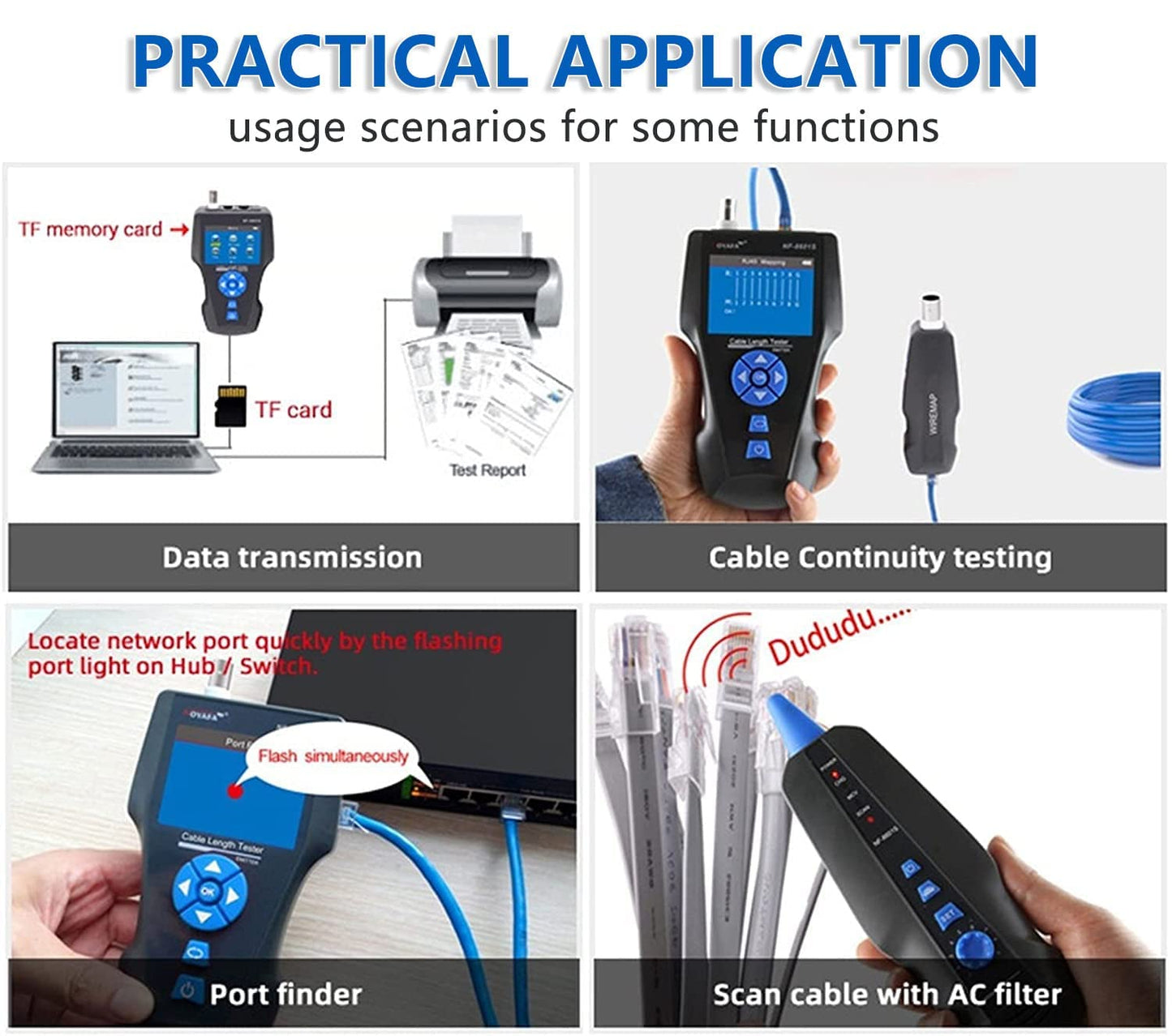 Noyafa NF-8601S Comprehensive Network Cable Tracer Tester Using TDR & with PoE / Ping for RJ45, RJ11, BNC, Metal Cables