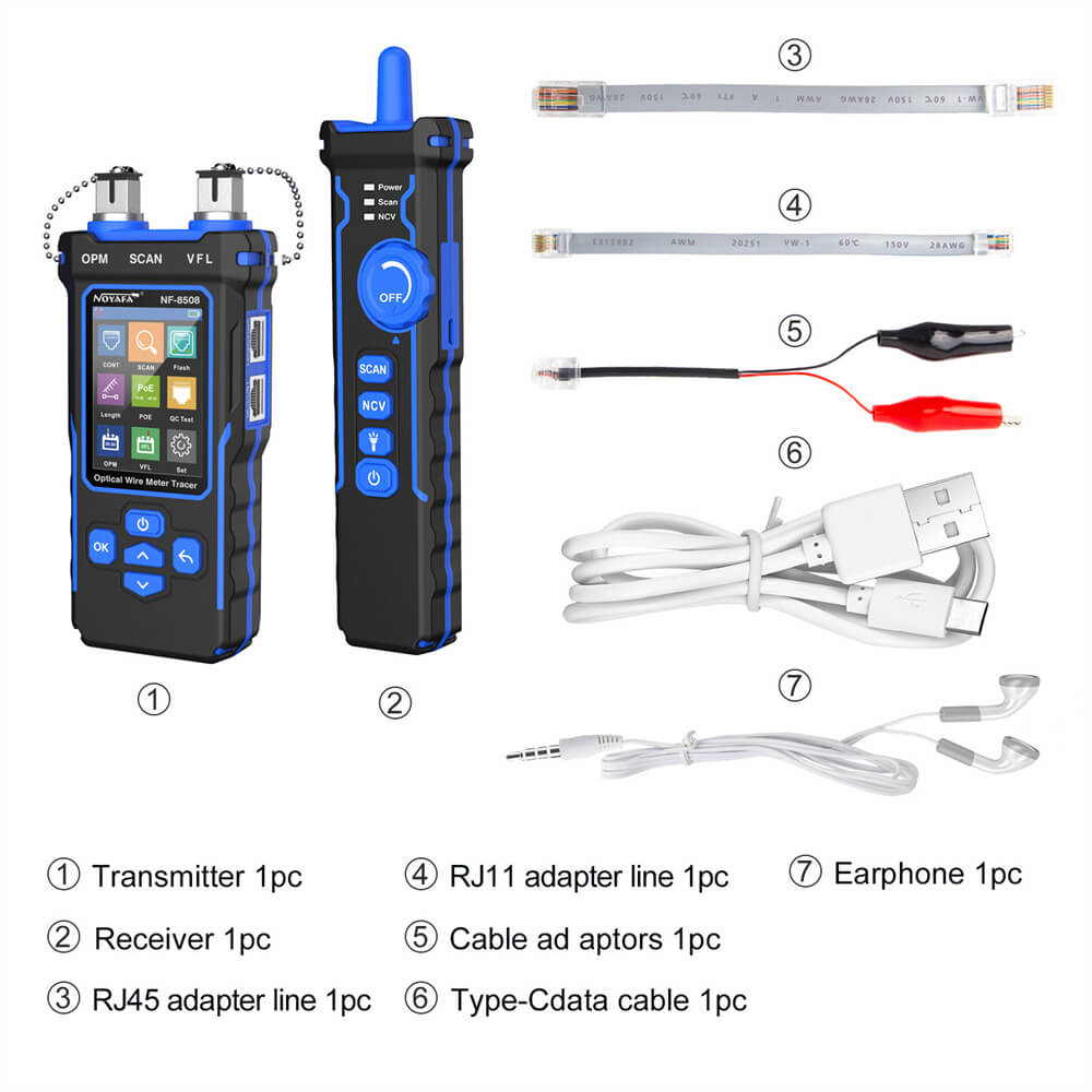 Noyafa NF-8508 Optical Wire Meter with Visual Fault Locator, OPM, Wire Map, Cable Trace, CAT5, CAT6, Length Measuring, PoE Test, Port Flash